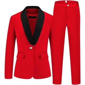 🆕Women's Red 2 Piece Business Suit Set One Button Solid Blazer Trouser Suit